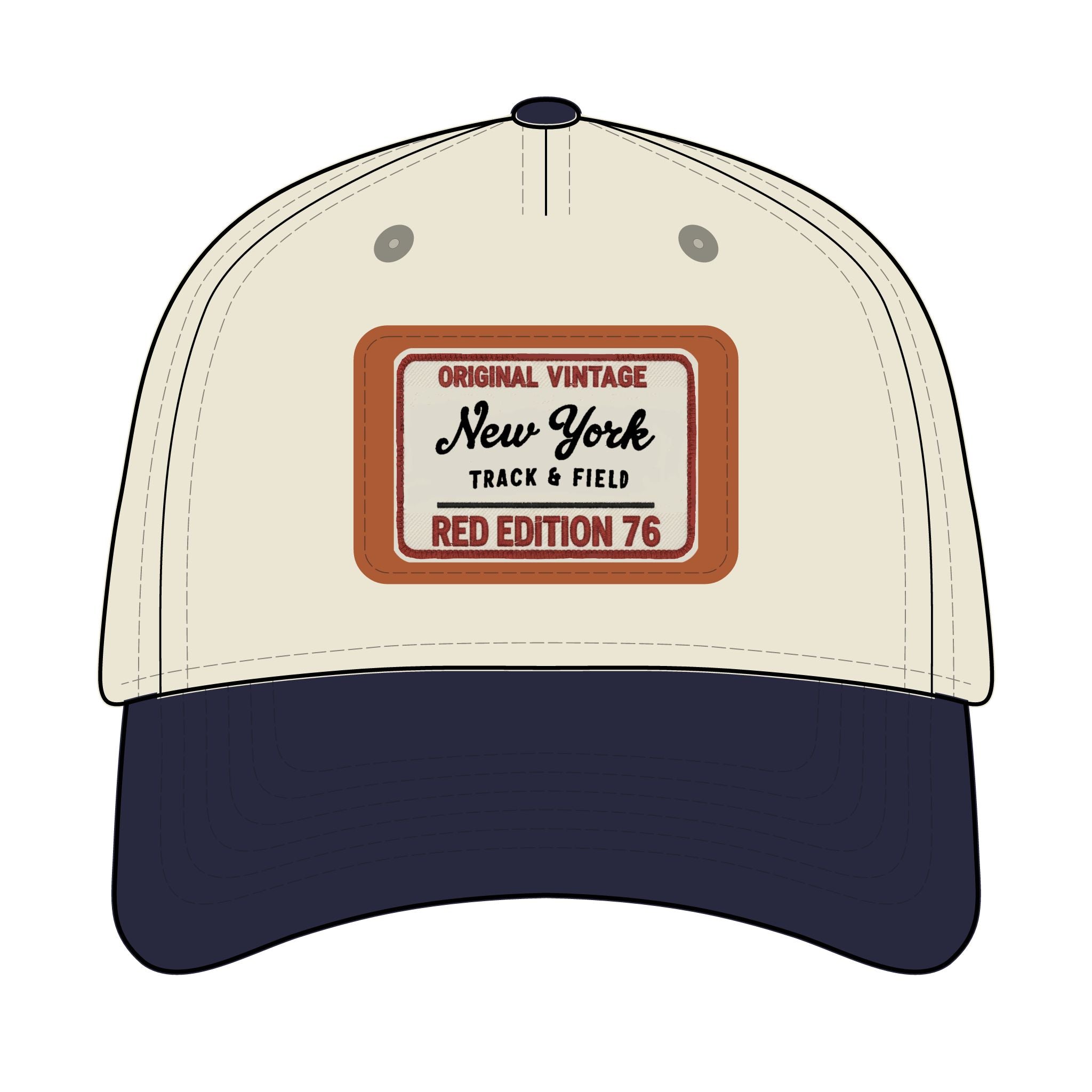 Cap with 'Original Vintage New York Track & Field Red Edition 76' label on a white background