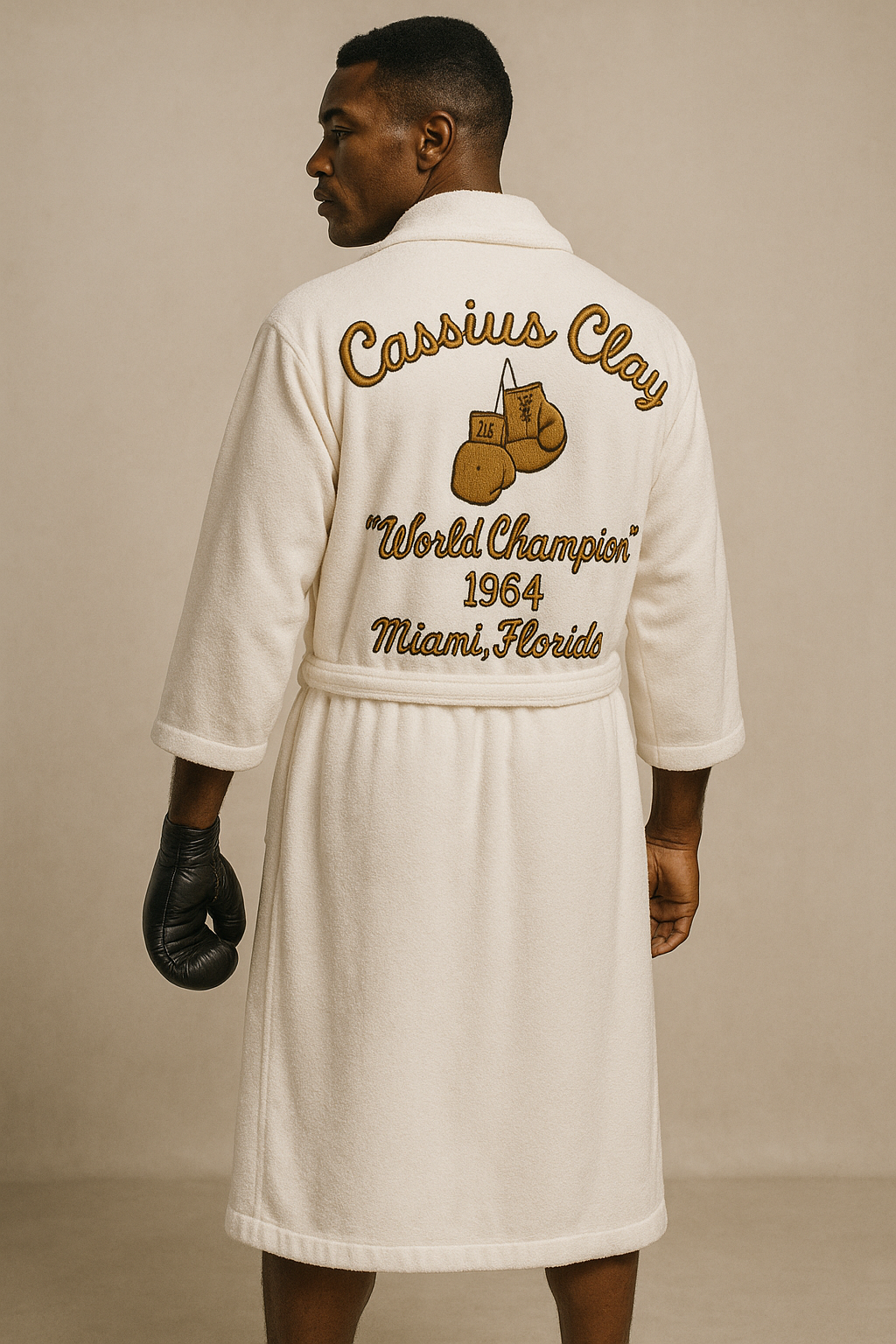 Man wearing a white robe with embroidered text and boxing gloves on a beige background