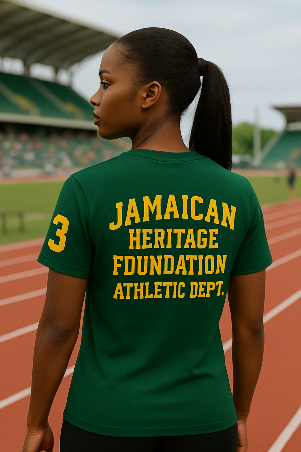 Person wearing a green 'Jamaican Heritage Foundation Athletic Dept.' t-shirt on a track.