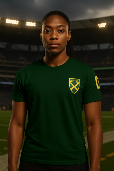 Person wearing a green sports jersey with a logo on a stadium background