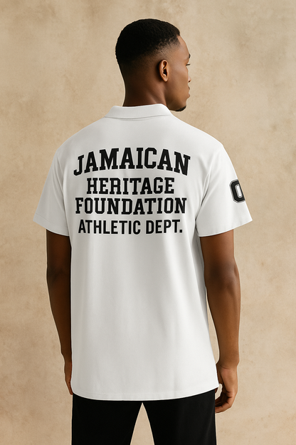Jamaica Heritage Premium White Mens Pique Polo Shirt.