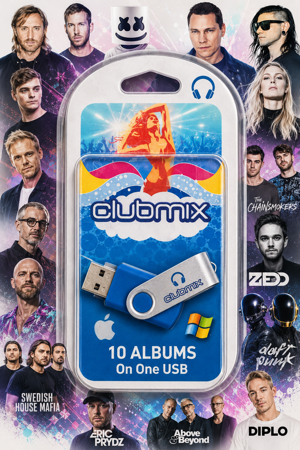 Clubmix 10 Albums On One USB in retail packaging, featuring a blue and silver USB flash drive with a clear plastic case. The background is a collage of popular DJ faces including Marshmello, DJ Snake, Diplo, and others.