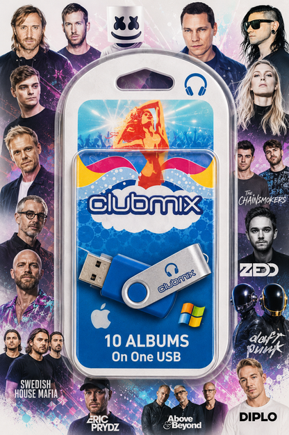 Clubmix 10 Albums On One USB in retail packaging, featuring a blue and silver USB flash drive with a clear plastic case. The background is a collage of popular DJ faces including Marshmello, DJ Snake, Diplo, and others.