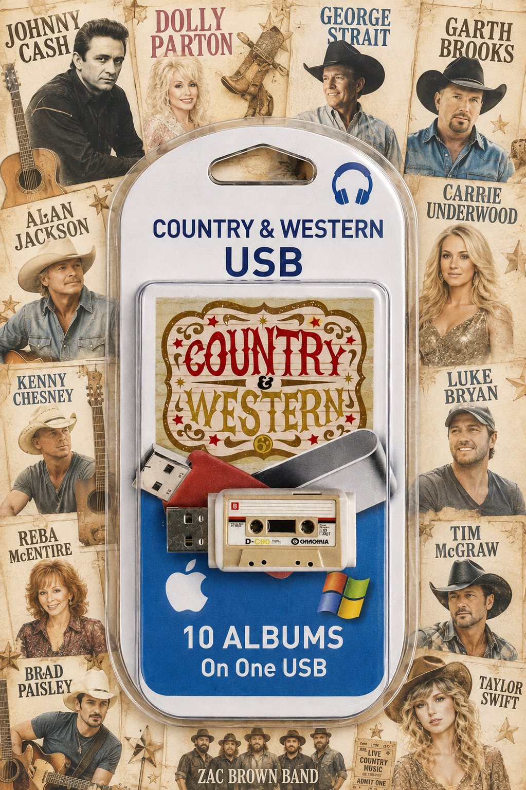 A USB flash drive packaged in a clear blister pack with a blue and white label reading 'Country & Western USB' and '10 Albums On One USB.' The USB drive is shown with a cassette-style design, and the package is photographed against a collage background featuring country music artist portraits.