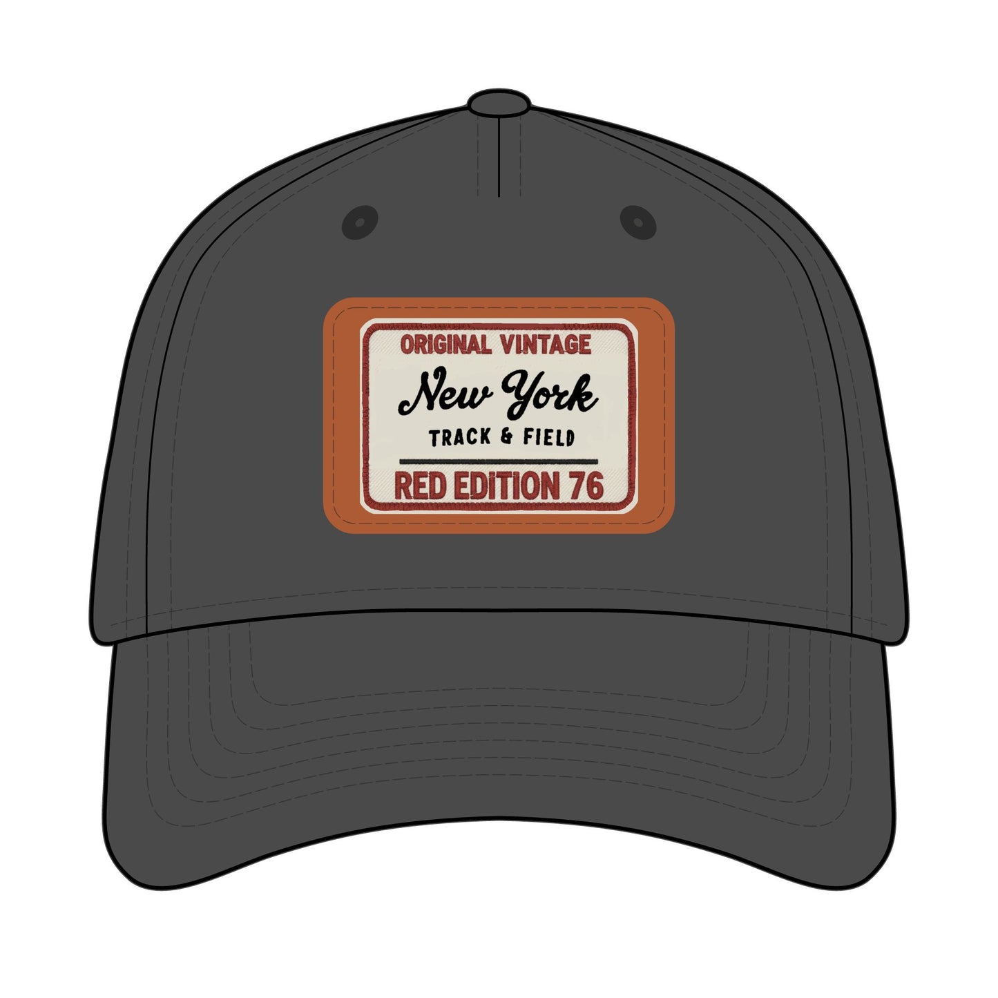 Dark gray cap with a vintage-style label on a white background