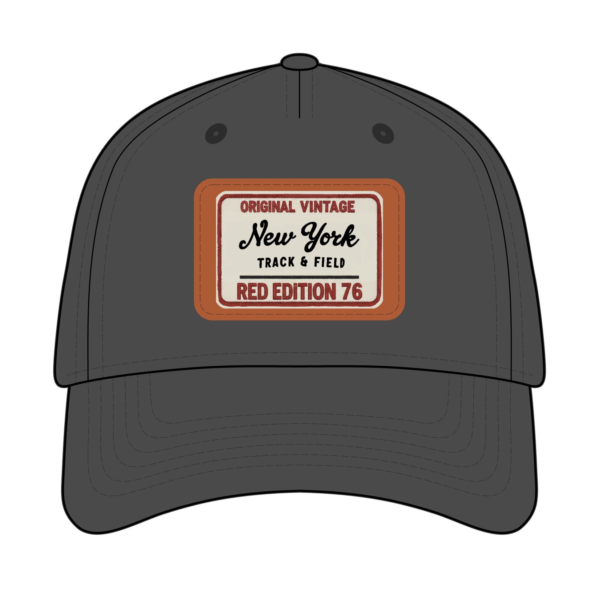 Dark gray cap with a vintage-style label on a white background