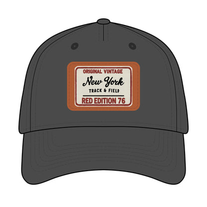 Dark gray cap with a vintage-style label on a white background