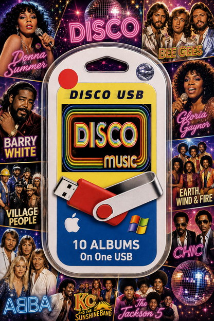 A retro-themed 'Disco USB' software product mockup featuring a red and silver swivel USB drive graphic on a white and blue card, surrounded by a colorful collage of classic disco music acts including Donna Summer, Bee Gees, Barry White, and The Jackson 5.