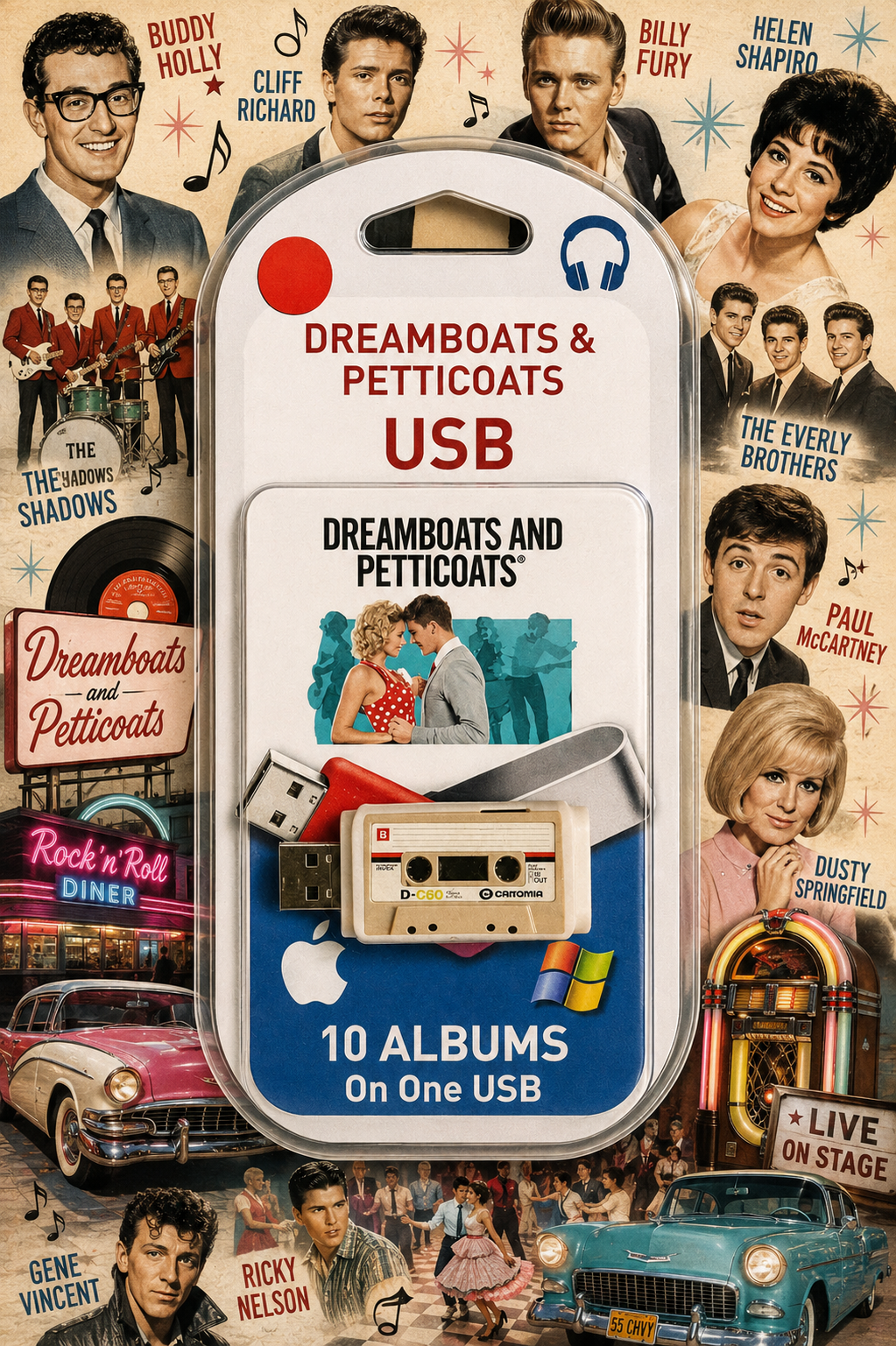 A packaged USB music collection labeled 'Dreamboats & Petticoats USB' with '10 Albums On One USB' on the front. The package contains a cassette-style USB drive and a small USB flash drive, shown against a collage of classic music posters, cars, and performers.