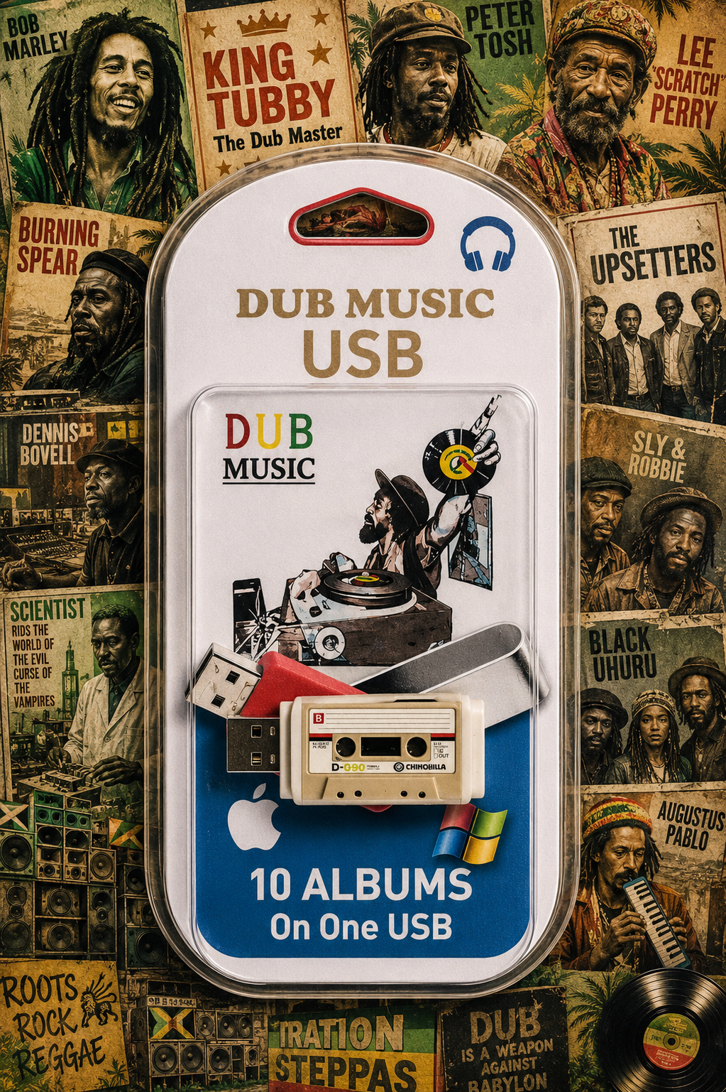 A retail-packaged 'Dub Music USB' plug-in device featuring a cassette tape graphic and various colored USB drives, displayed against a collage background of R&B and reggae music posters.