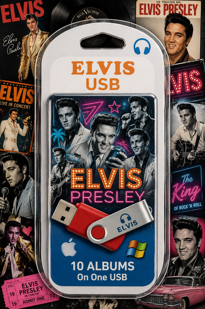 Elvis Presley USB flash drive in retail packaging, featuring a red and silver USB drive with an Elvis collage design and text reading 'ELVIS USB' and '10 ALBUMS On One USB'.