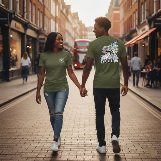 Couple walking hand-in-hand on a city street wearing matching green t-shirts.