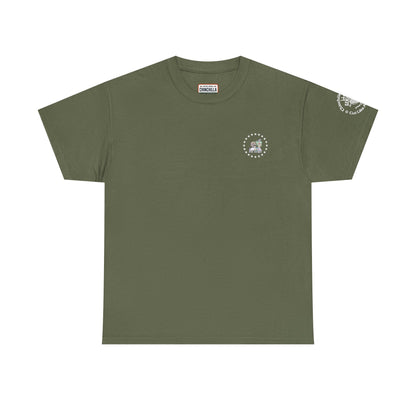 Green t-shirt with a small logo on a white background