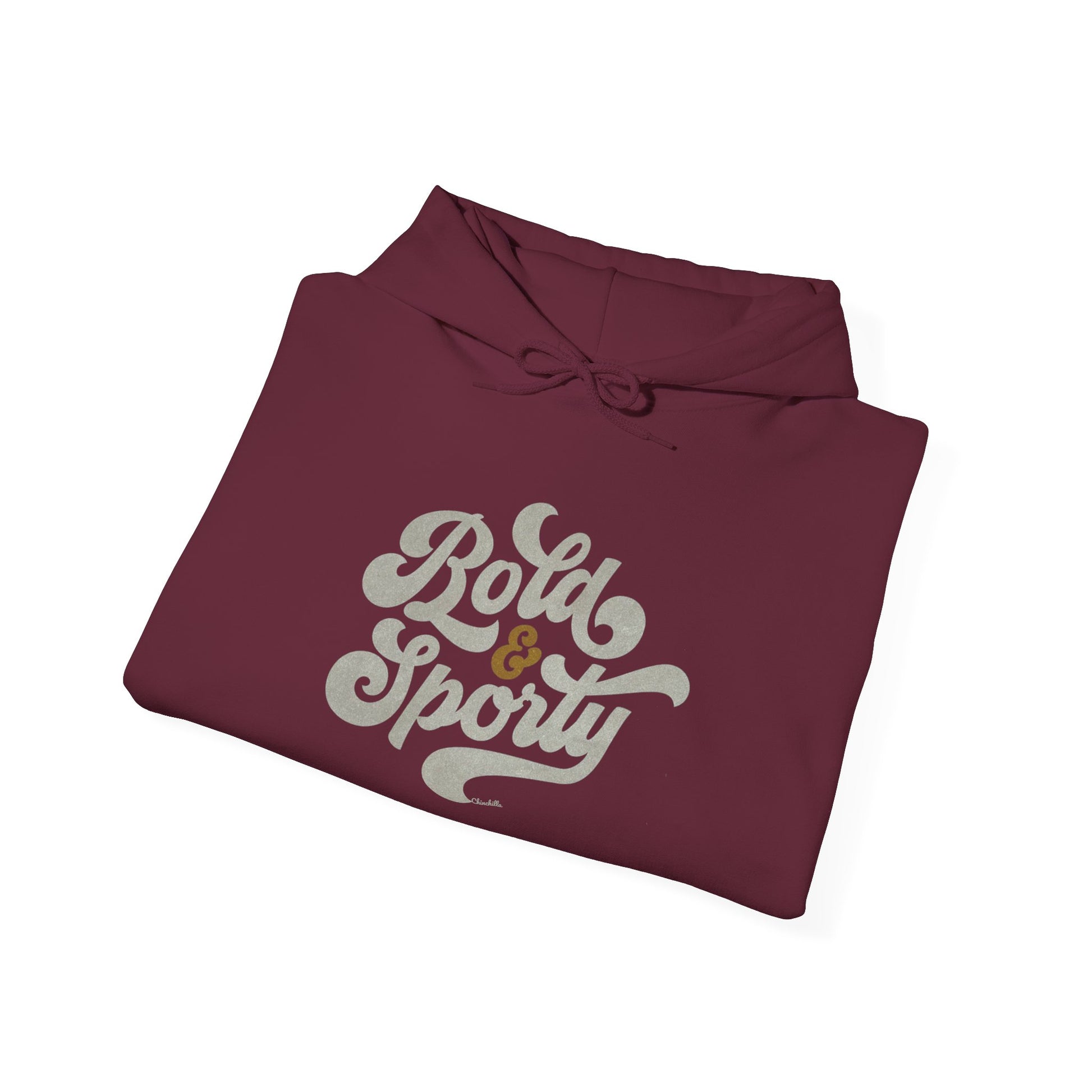 Folded maroon hoodie with 'Bold & Sporty' text on a white background