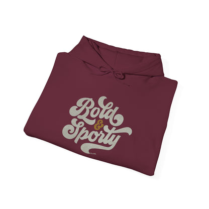 Folded maroon hoodie with 'Bold & Sporty' text on a white background
