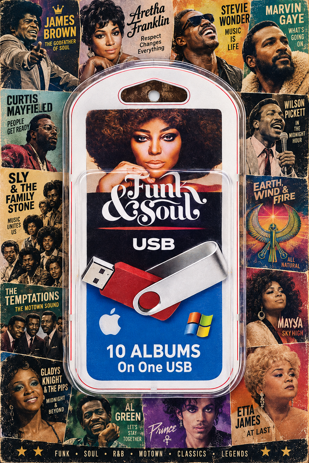 A USB flash drive packaged in a clear clamshell case with printed cover art reading 'Funk & Soul USB' and '10 ALBUMS On One USB,' surrounded by a collage of music album covers.