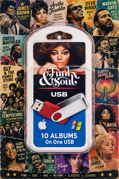A USB flash drive packaged in a clear clamshell case with printed cover art reading 'Funk & Soul USB' and '10 ALBUMS On One USB,' surrounded by a collage of music album covers.