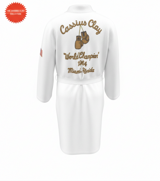 White robe with embroidered text and boxing glove design on a white background