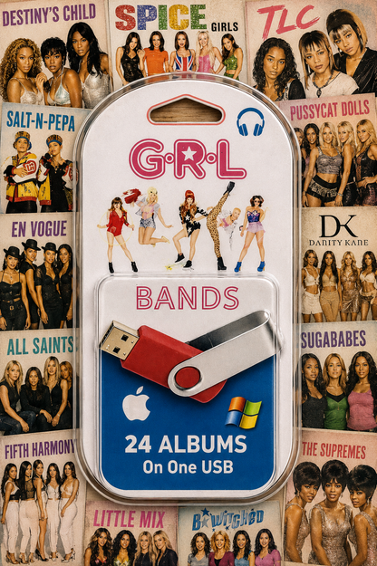 A USB flash drive packaged in a clear blister pack labeled 'G-RL BANDS' with '24 ALBUMS On One USB,' placed over a collage background of Spice Girls-themed posters and album art.