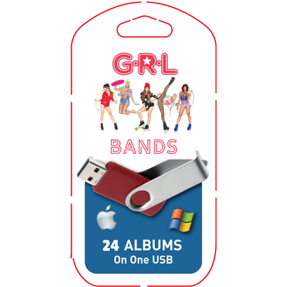 A USB flash drive with a label featuring cartoon images of female singers and the text 'GIRL BANDS' on the top. The drive is red, and the label has the Apple logo at the bottom, indicating compatibility with Apple devices.
