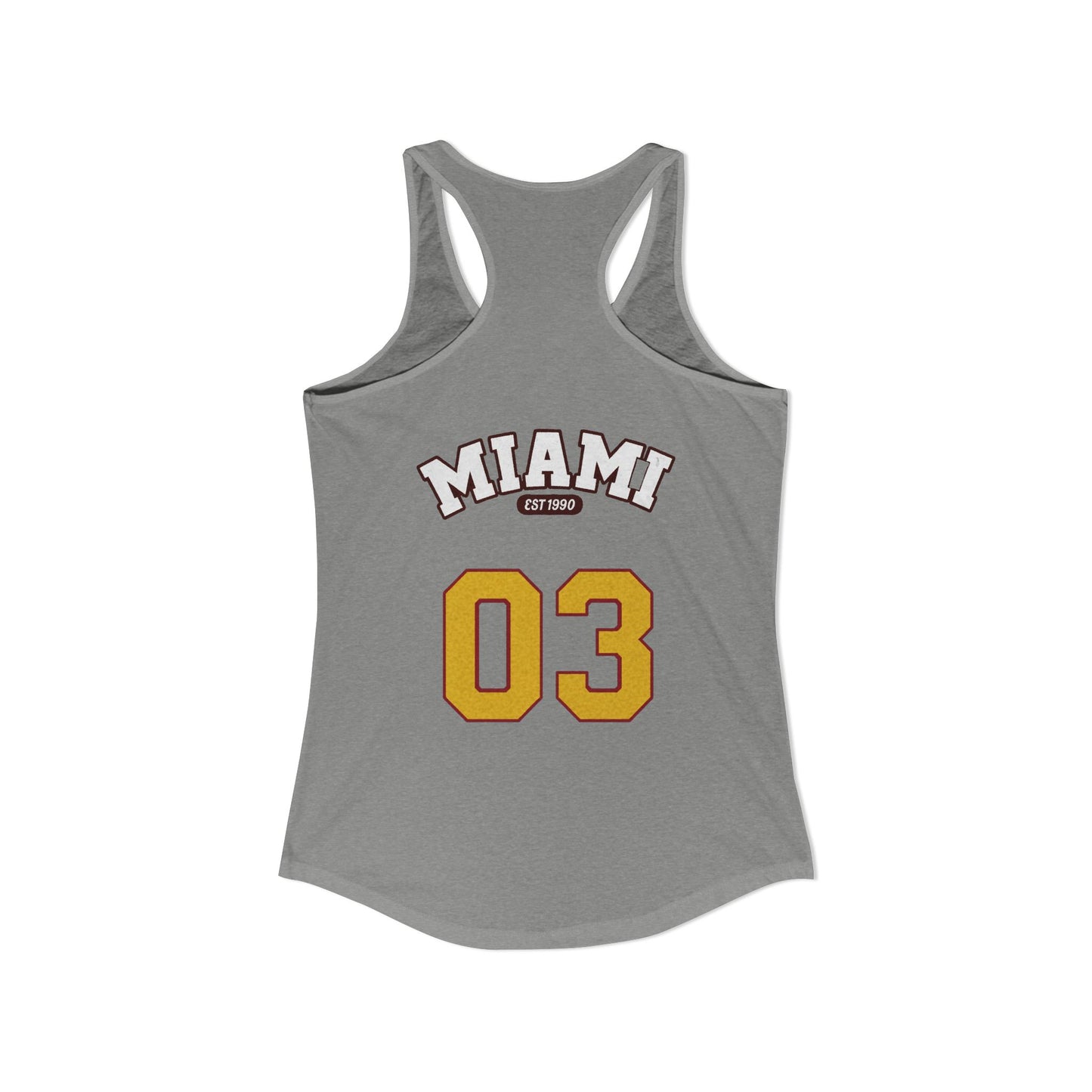 Gray tank top with 'MIAMI 03' text on a white background