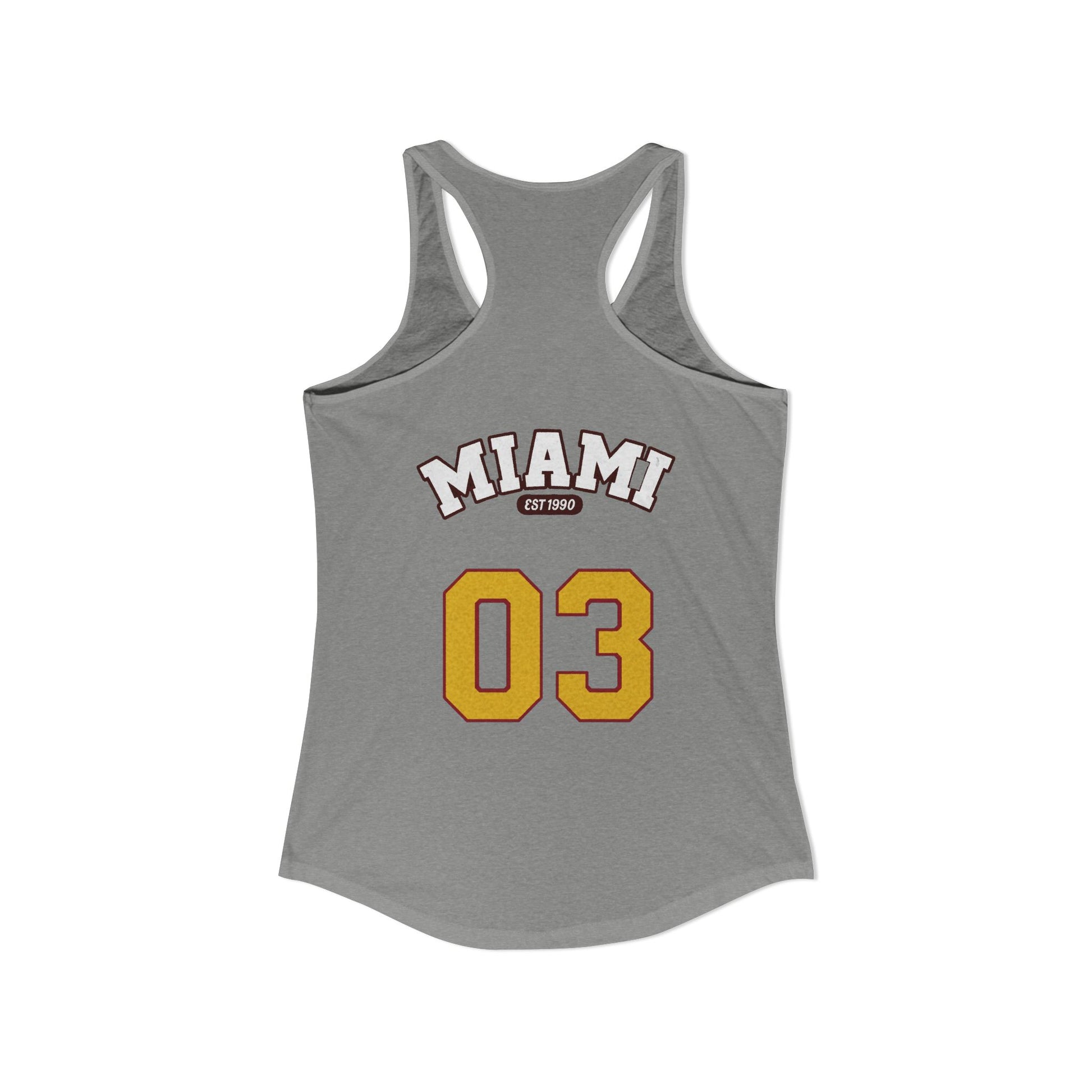 Gray tank top with 'MIAMI 03' text on a white background