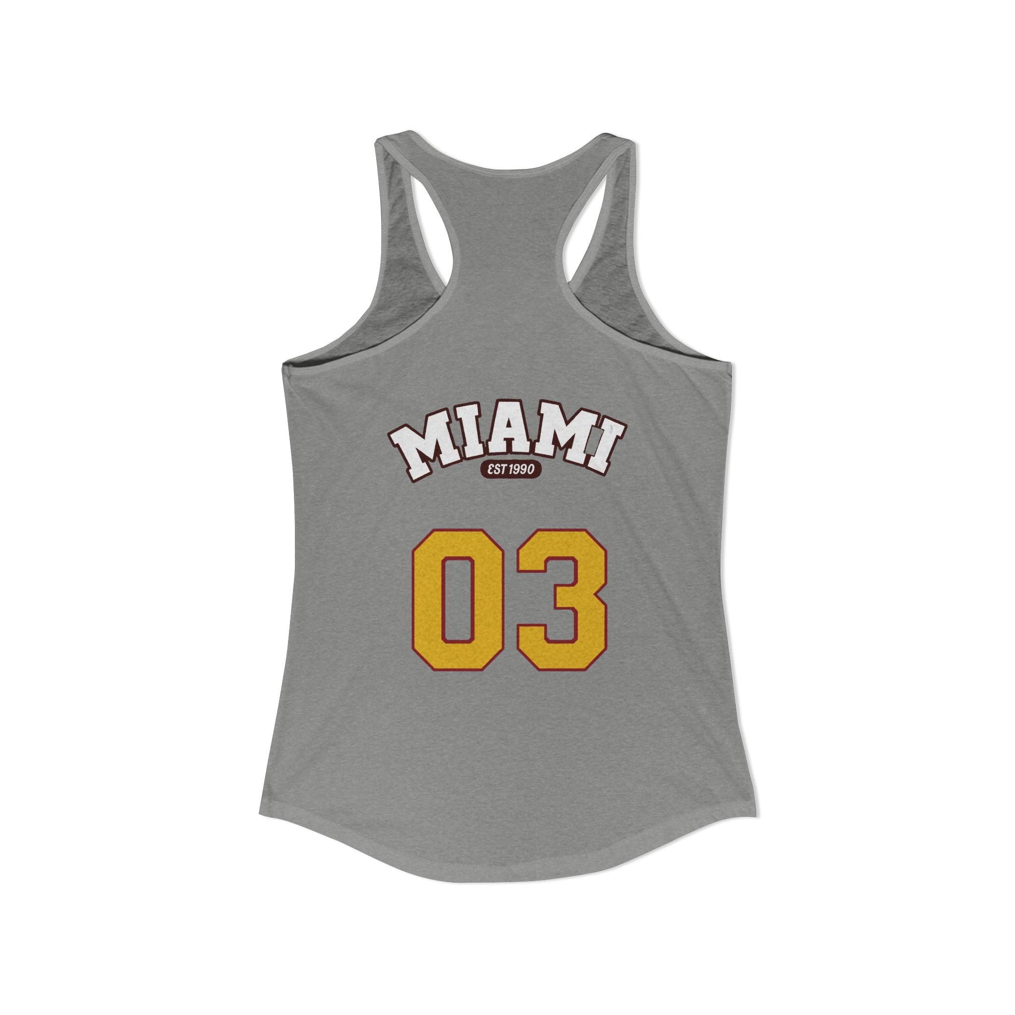Gray tank top with 'MIAMI 03' text on a white background