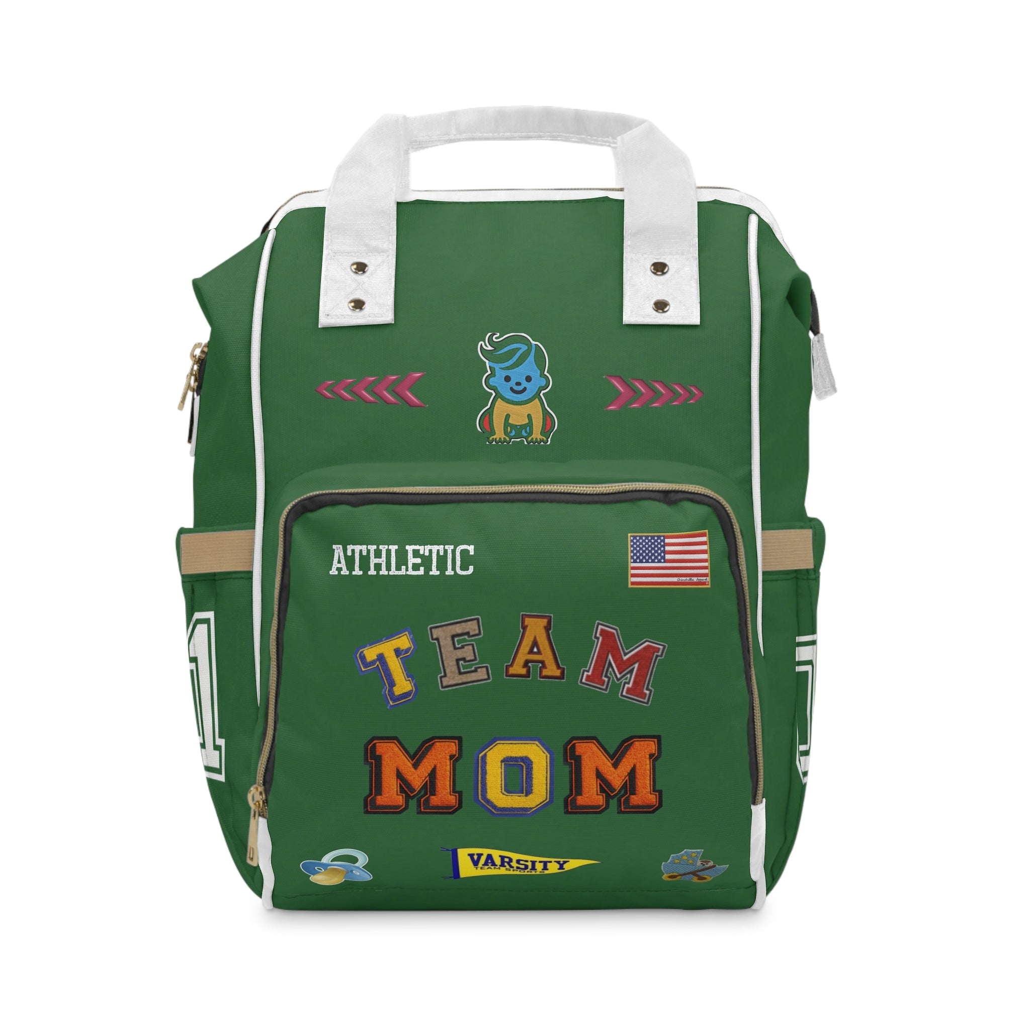 Green backpack with 'Team Mom' text and various patches on a white background