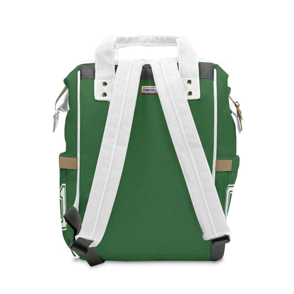 Green backpack with white straps on a white background