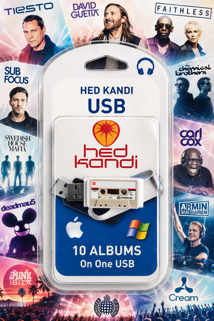 Hed Kandi USB music player in retail blister packaging, with a cassette-style drive visible and text reading 'HED KANDI USB', '10 ALBUMS On One USB'. The package is centered over a collage of artist portraits and music-related graphics.