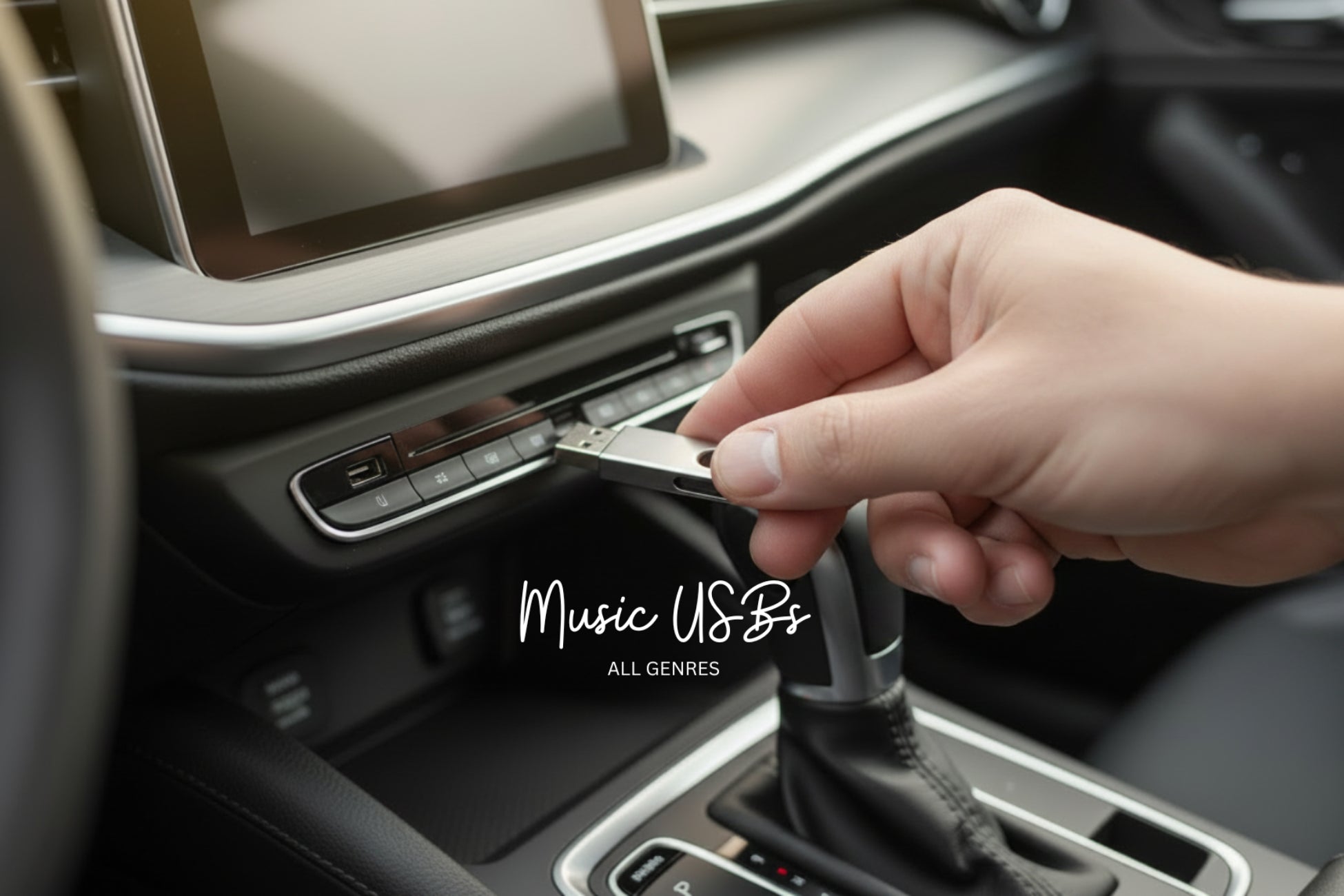 A close-up of a hand inserting a silver USB flash drive into a car's center console port. The image is set inside a modern car interior with a gear shift lever and dashboard visible, featuring a watermark overlay that reads 'Music USBs ALL GENRES'.