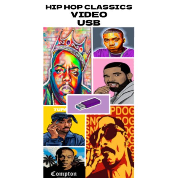 A promotional image for a USB drive titled 'Hip Hop Classics' featuring various hip hop artists and related videos.
