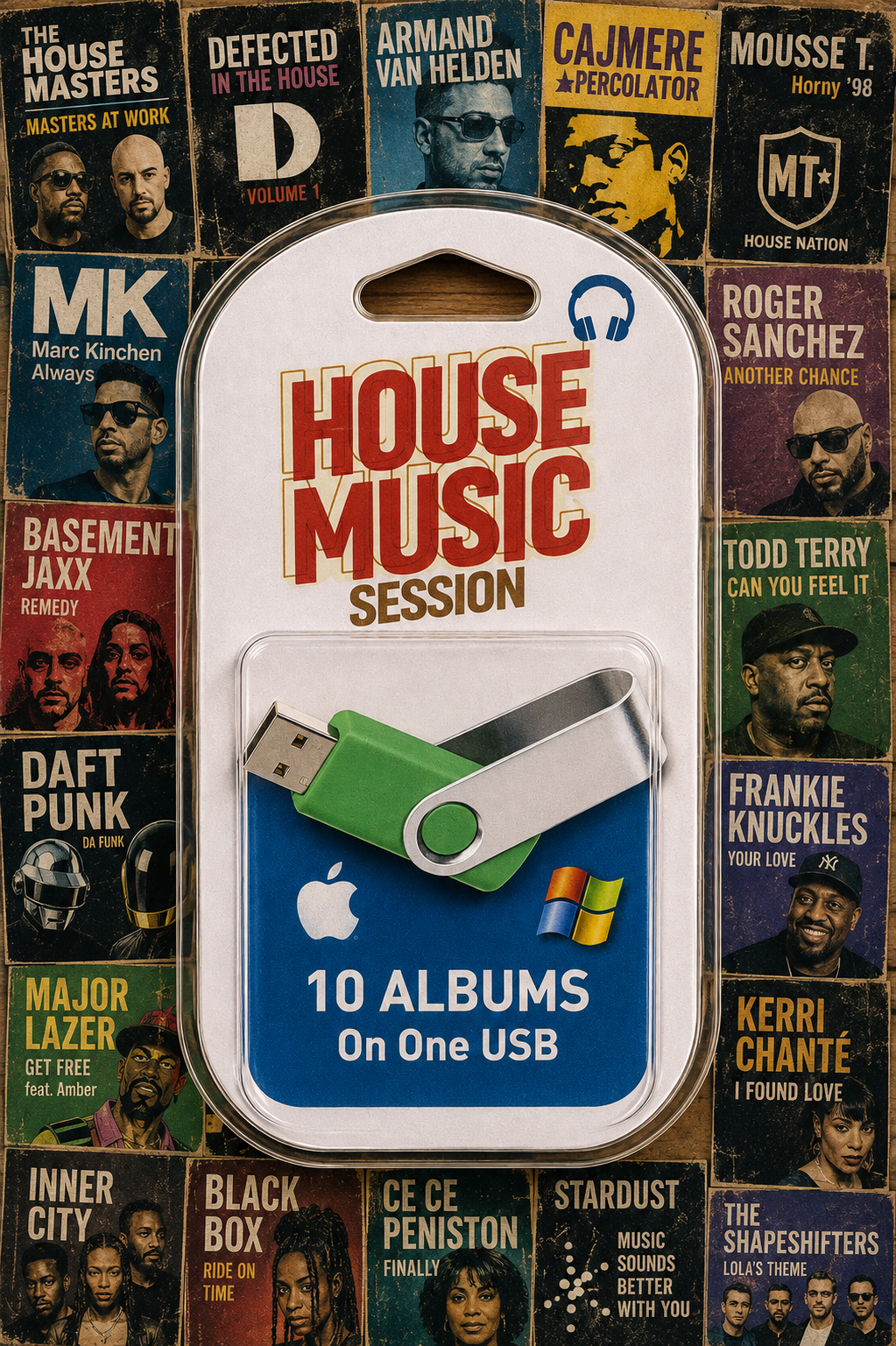 A USB flash drive packaged in a clear blister pack labeled 'HOUSE MUSIC SESSION' with '10 ALBUMS On One USB' and Apple logo visible. The drive itself is green and silver, and the package is shown against a collage background of album covers.