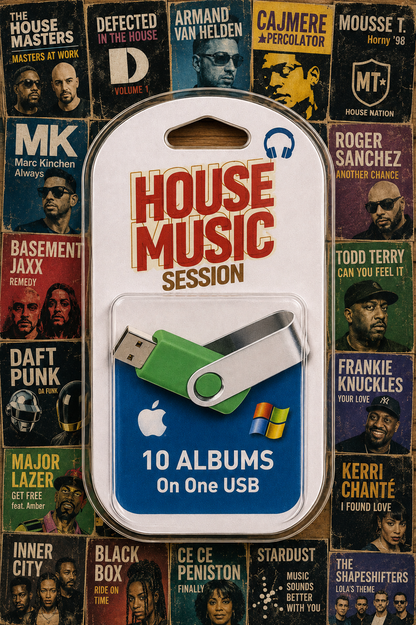 A USB flash drive packaged in a clear blister pack labeled 'HOUSE MUSIC SESSION' with '10 ALBUMS On One USB' and Apple logo visible. The drive itself is green and silver, and the package is shown against a collage background of album covers.