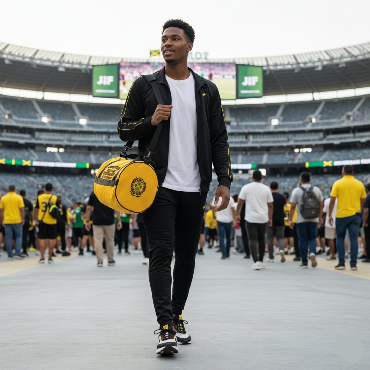 Man walking on a track with a yellow bag in an outdoor stadium.