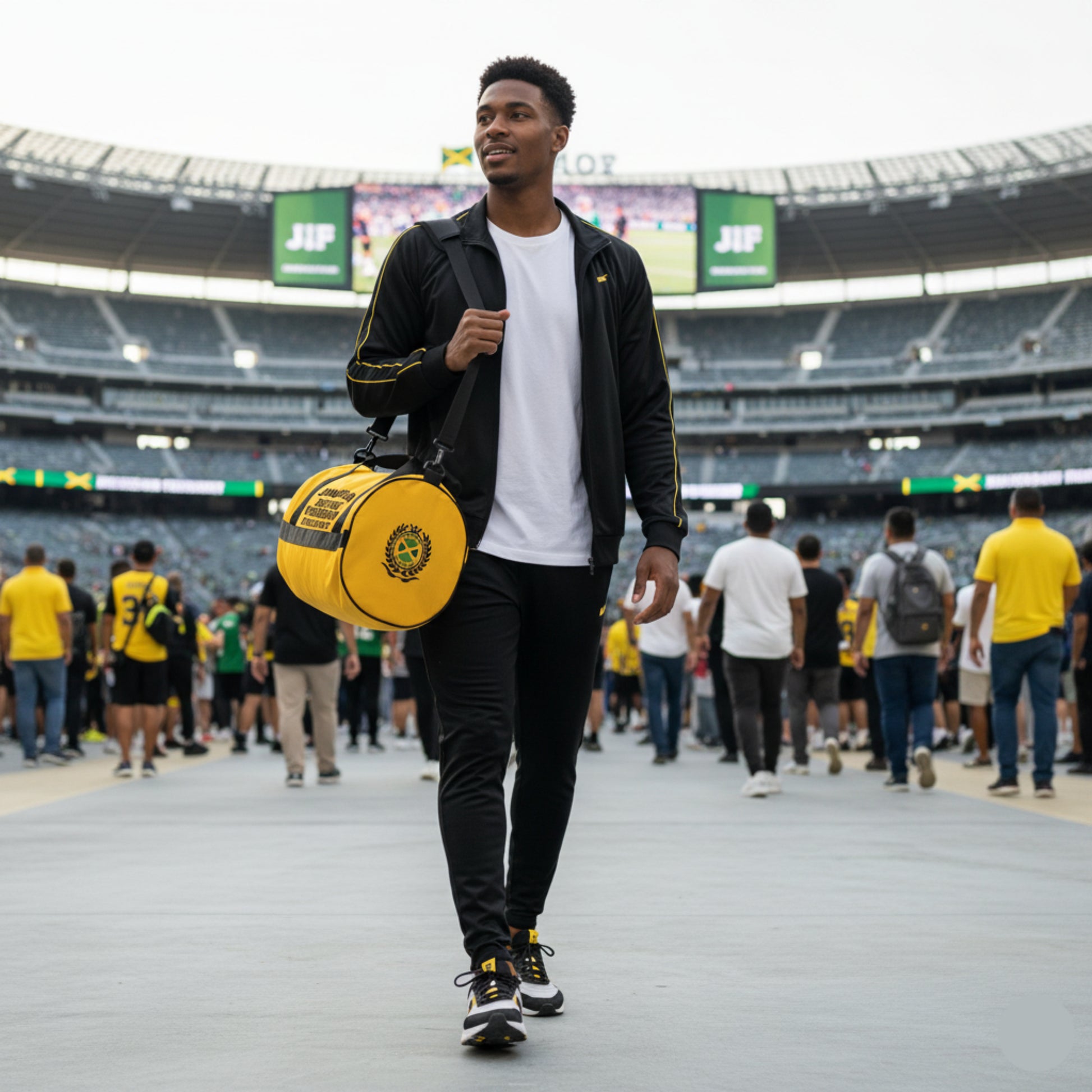 Man walking on a track with a yellow bag in an outdoor stadium.