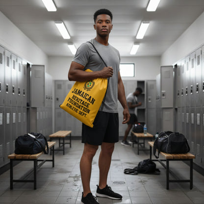 Man holding a yellow bag with text in a locker room