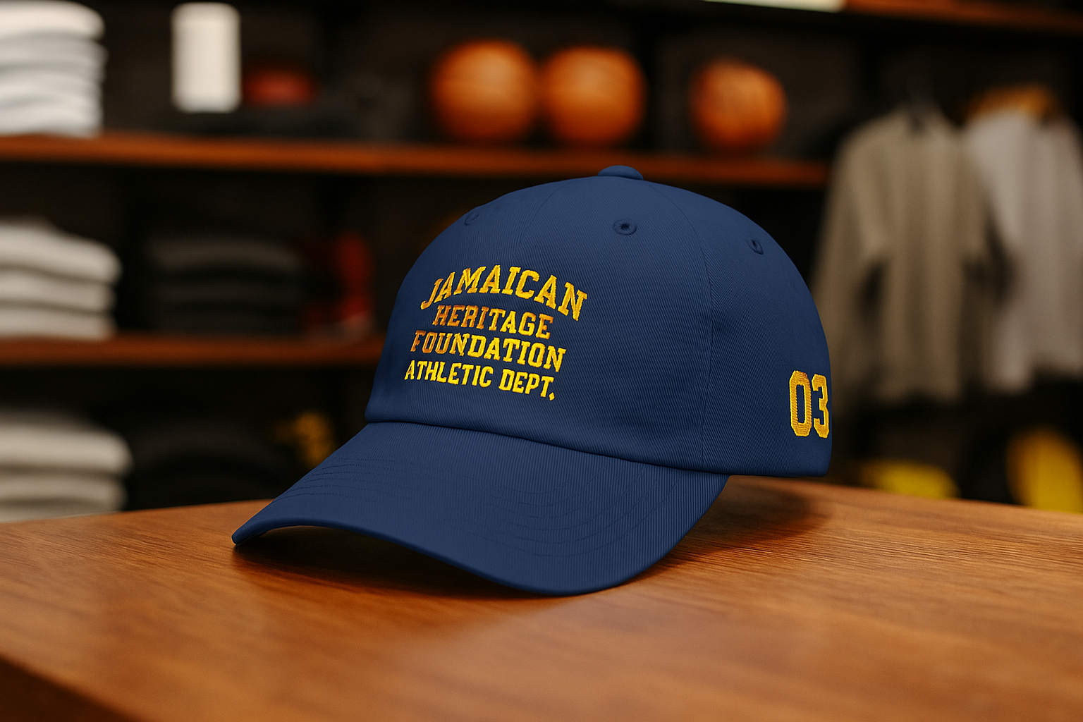 Blue cap with yellow text on a wooden surface with shelves in the background