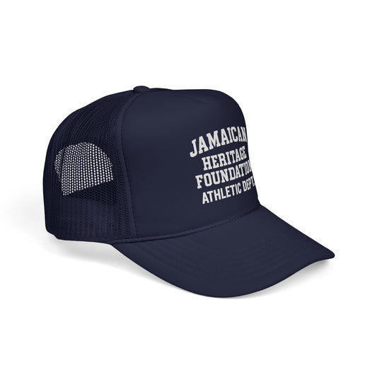 Navy blue cap with 'Jamaican Heritage Foundation Athletic Dept.' text on a white background