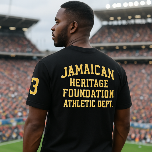 Man wearing a black t-shirt with 'Jamaican Heritage Foundation Athletic Dept.' text at a stadium.