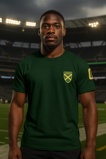 Man wearing a green t-shirt with a logo on a sports field