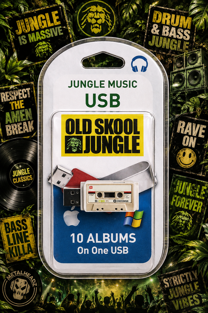 Jungle Music USB drive in retail blister packaging, featuring a white and blue card insert with a cassette graphic and the text 'OLD SKOOL JUNGLE' and '10 ALBUMS On One USB'. The package is centered over a dark green, high-energy jungle concert poster background with band logos and vinyl records.
