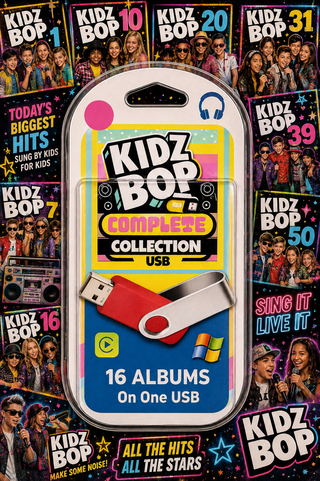 Kidz Bop Complete Collection USB drive in retail packaging, featuring a red and silver USB flash drive inside a colorful carded case. The packaging reads '16 ALBUMS On One USB' and is shown against a collage background of various Kidz Bop album covers.