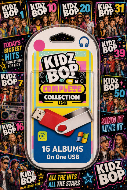 Kidz Bop Complete Collection USB drive in retail packaging, featuring a red and silver USB flash drive inside a colorful carded case. The packaging reads '16 ALBUMS On One USB' and is shown against a collage background of various Kidz Bop album covers.
