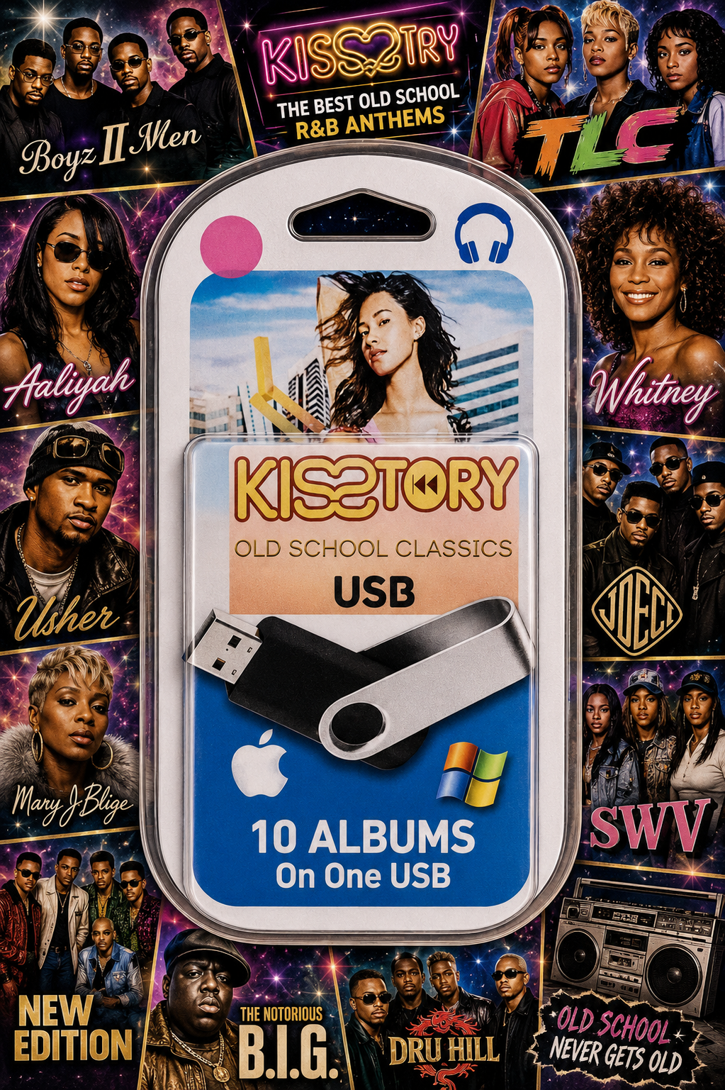 A USB flash drive package labeled 'KISETORY Old School Classics USB' with a silver and black swivel drive visible inside a clear plastic case. The package artwork shows album art and text including '10 Albums On One USB,' with a collage of rap artist portraits around it.