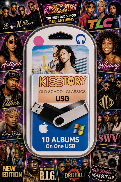 A USB flash drive package labeled 'KISETORY Old School Classics USB' with a silver and black swivel drive visible inside a clear plastic case. The package artwork shows album art and text including '10 Albums On One USB,' with a collage of rap artist portraits around it.