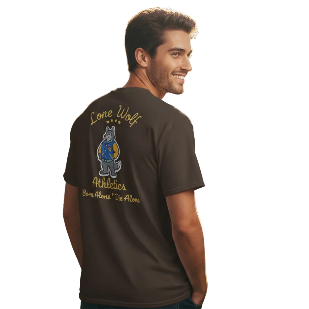 Man wearing a 'Lone Wolf Athletics' t-shirt in a social setting with people in the background.