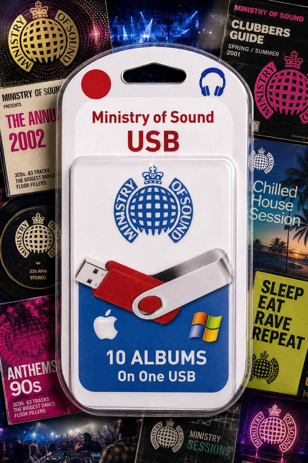 A packaged USB flash drive product labeled 'Ministry of Sound USB' with a red and silver swivel drive visible through a clear blister pack. The card reads '10 Albums On One USB' and shows the Ministry of Sound logo, with a collage of music-themed posters in the background.