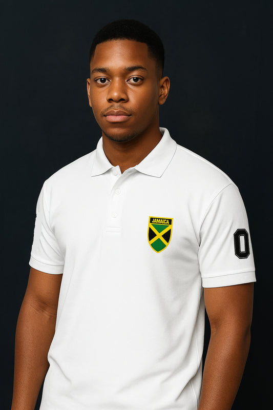 Jamaica Heritage Premium White Mens Pique Polo Shirt.