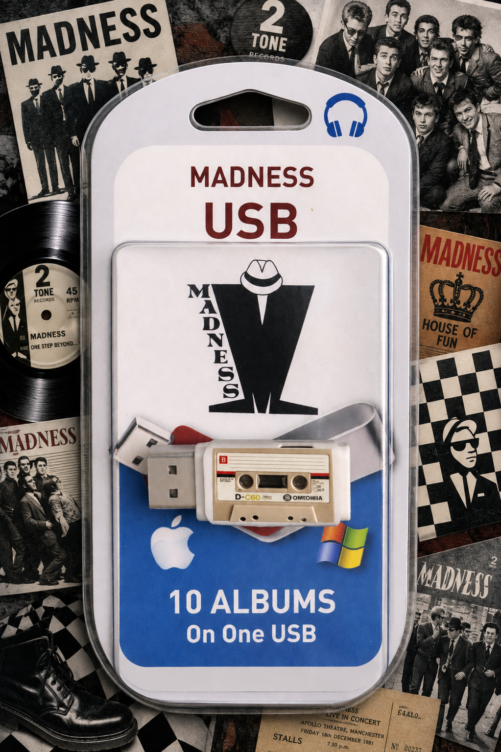 Madness USB 10 albums on one USB flash drive in its retail blister packaging, displayed against a collage background of band posters and album art.